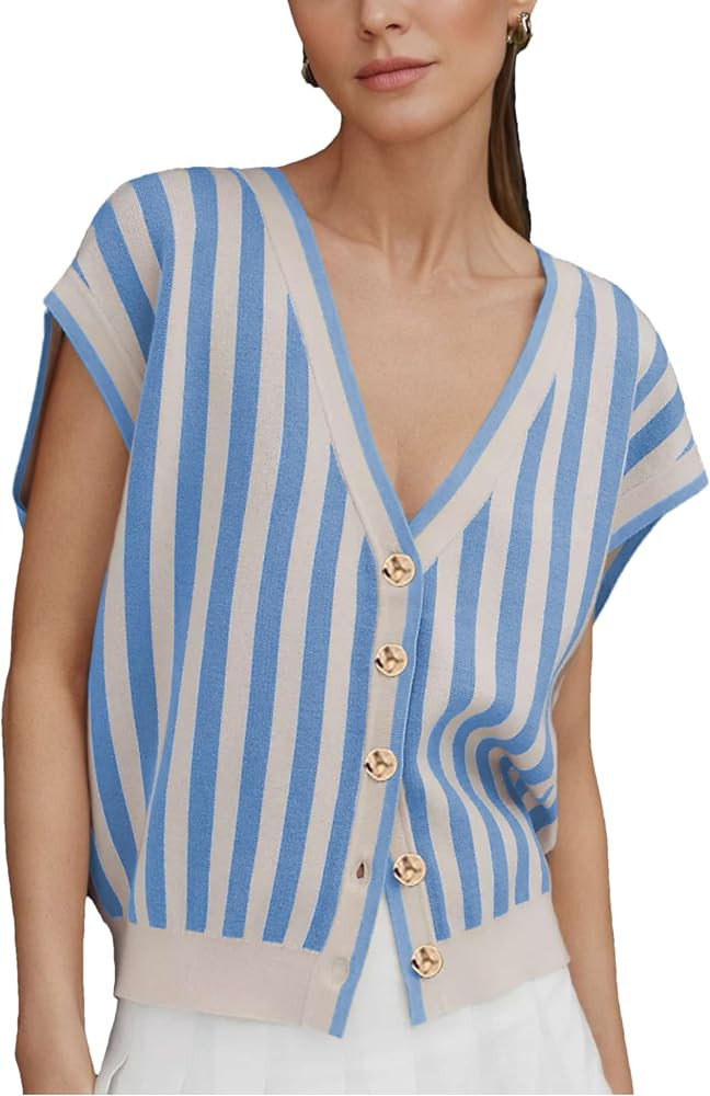 HangNiFang Womens Summer Striped Knit Cardigan Golden Button Sweater Vest | Amazon (US)