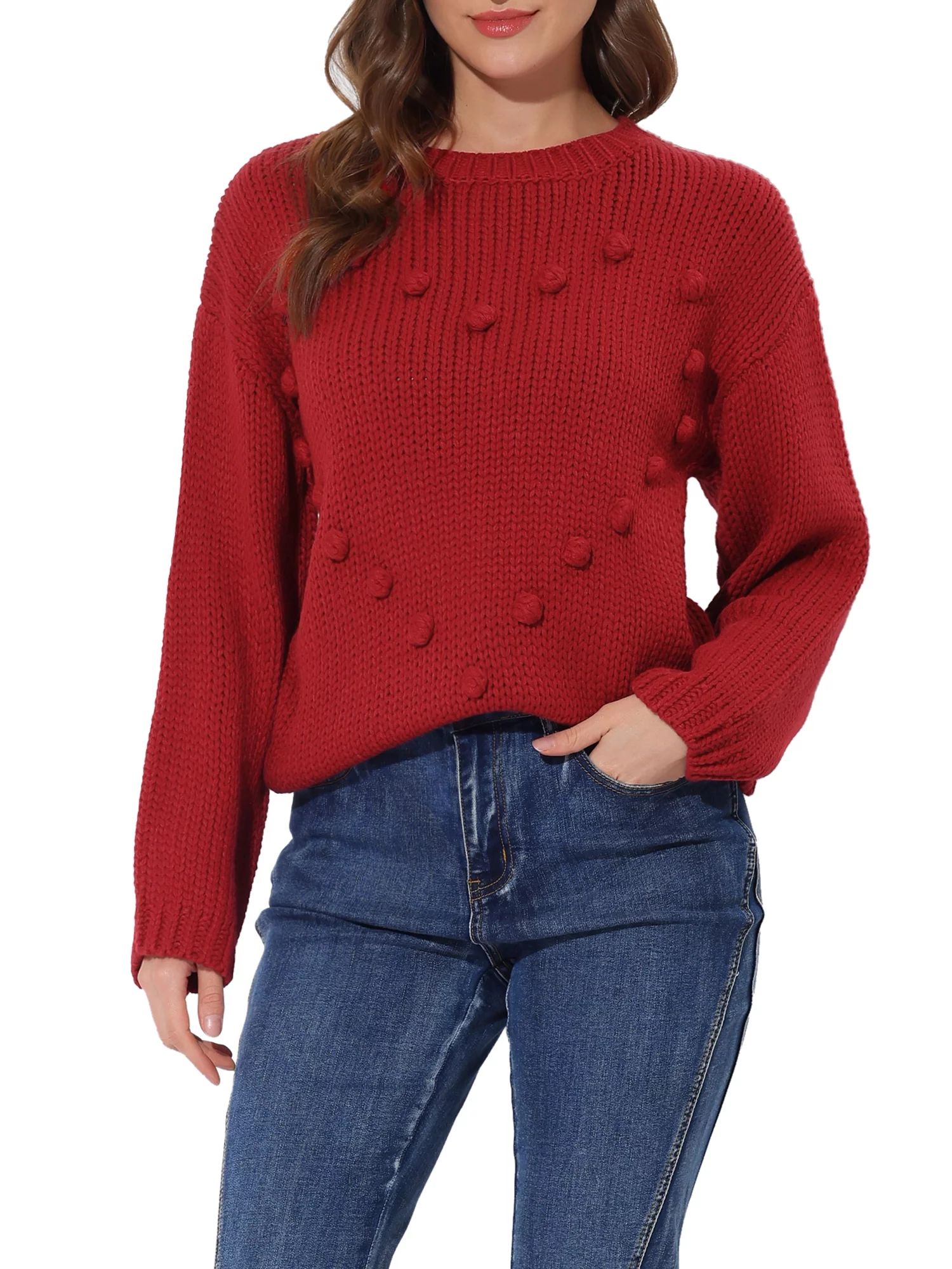 Allegra K Women Crew Neck Long Sleeve Heart Shaped Pom Pom Knit Sweater Red S | Walmart (US)