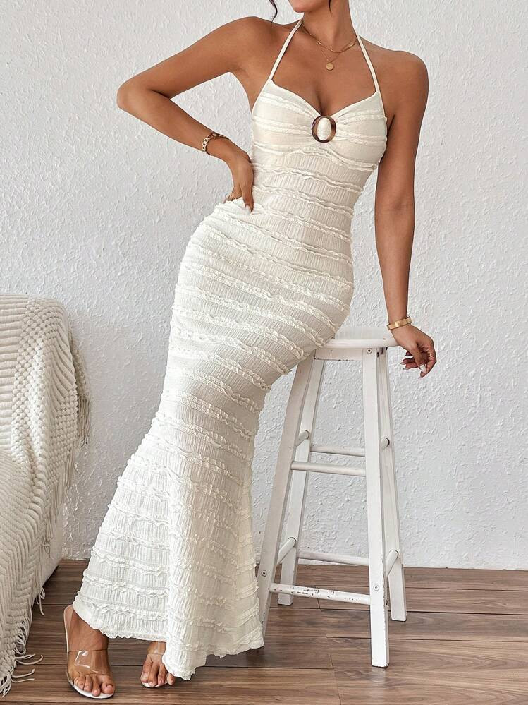 SHEIN PETITE Textured Front Placket Decor Halter Neck Women Mermaid Dress Maxi Women Outfit | SHEIN