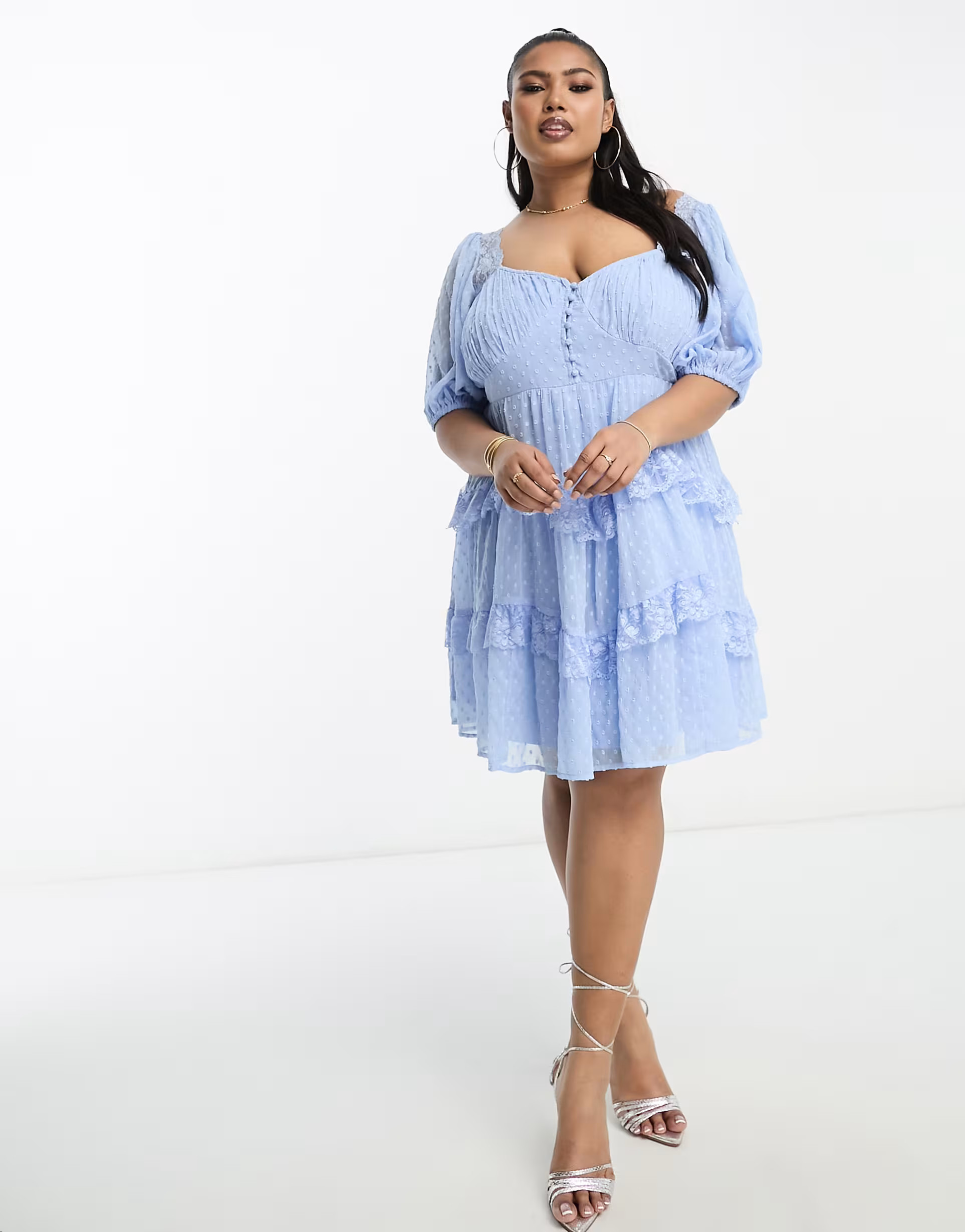 ASOS DESIGN Curve open back lace insert dobby mini tea dress in light blue | ASOS (Global)