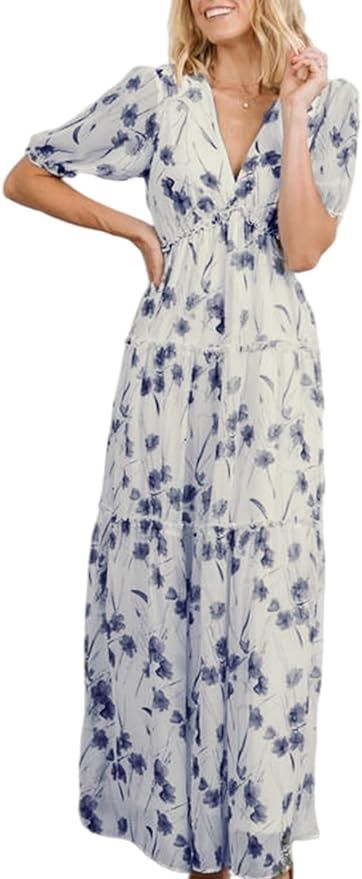 Amegoya Women's Casual Short Sleeve V Neck Floral Chiffon Maxi Dresses Summer High Waist Boho Bea... | Amazon (US)