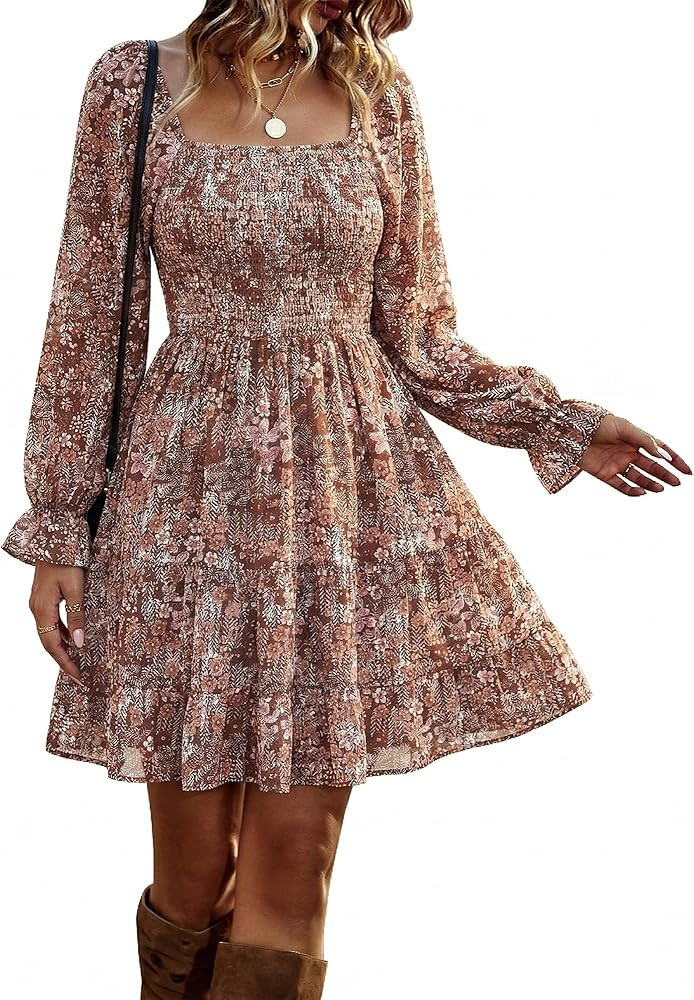 BTFBM Women's Mini Smocked Wedding Guest Dress Brown Floral Dress Floral Print Dress With Sleeves  | Amazon (US)