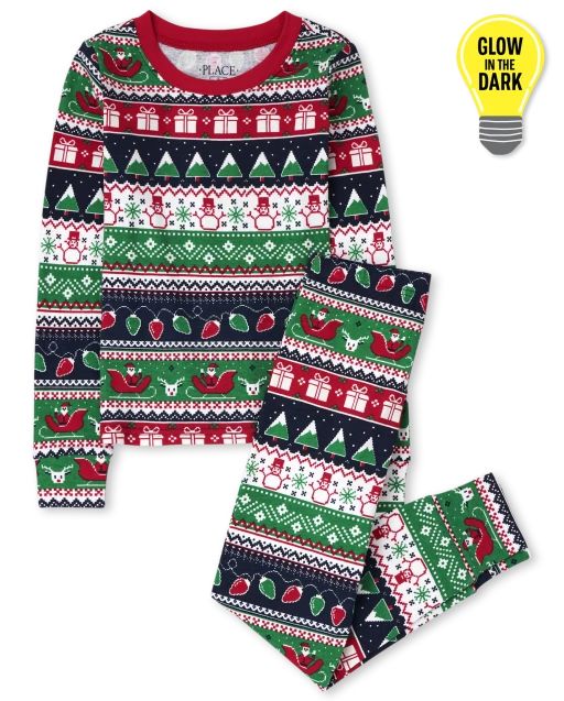 Unisex Kids Christmas Long Sleeve Glow In The Dark Christmas Fairisle Snug Fit Cotton Pajamas | T... | The Children's Place