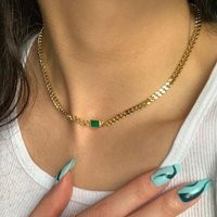 18K Gold Plated Curb Chain Center Stone Necklace, Bold Necklace, Thick Bracelet, Link Necklace, Emer | Etsy (US)