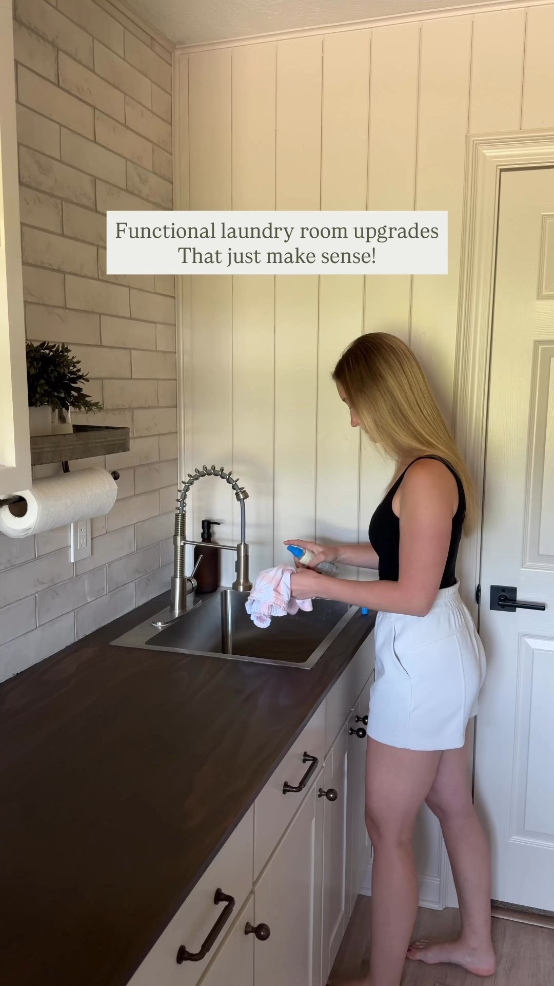 Laundry room upgrades that make sense! 
1. Wash sink with pull down faucet! This faucet was a $40 Amazon find (that was a few years ago so it may be more now) and it’s been great! Miss Mouth’s stain treatment is amazing!! 

2. Pull our bins for sorting our dirty laundry! These are actually garbage bins 😂 3 years later & they still perform like new! 

3. Drawers - hides all of our small items! 

4. Hidden shelves next to the washer for our detergents. 🚫 clutter!

5. Wood drying rack - I made this one because I couldn’t find a dark wood one that wasn’t hundreds of dollars! It makes the room 🤎

These things help me stay organized and make life a little easier! 
