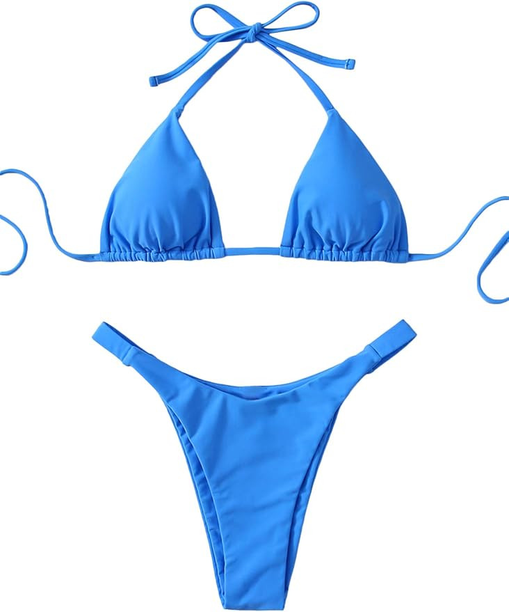 SweatyRocks Women's Solid Color Bathing Suits Halter Triangle Bikini Top Thong Swimsuits | Amazon (US)