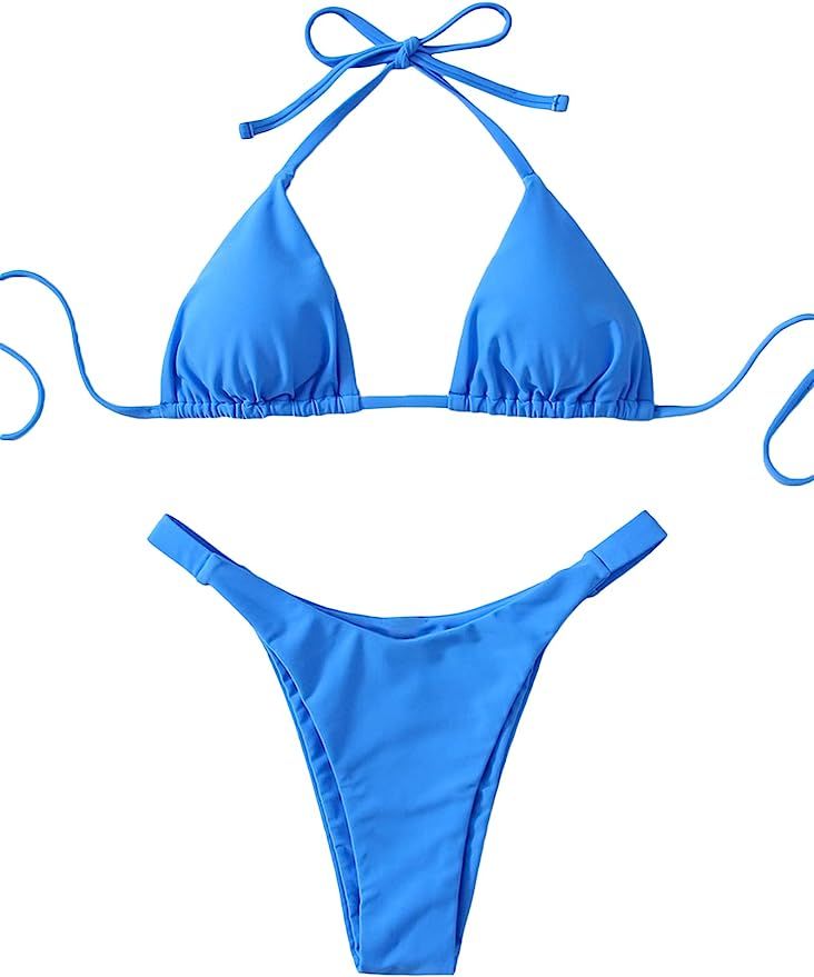 SweatyRocks Women's Solid Color Bathing Suits Halter Triangle Bikini Top Thong Swimsuits | Amazon (US)