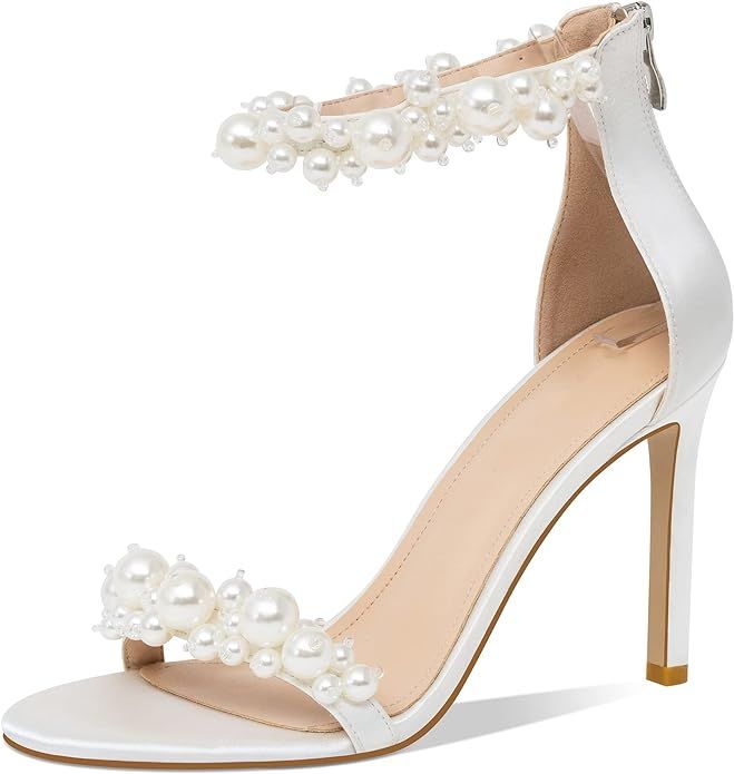yowmns White Women's Heeled Sandals Pearl Decoration Open Toe Stiletto Heels Wedding Sexy Back Zi... | Amazon (US)