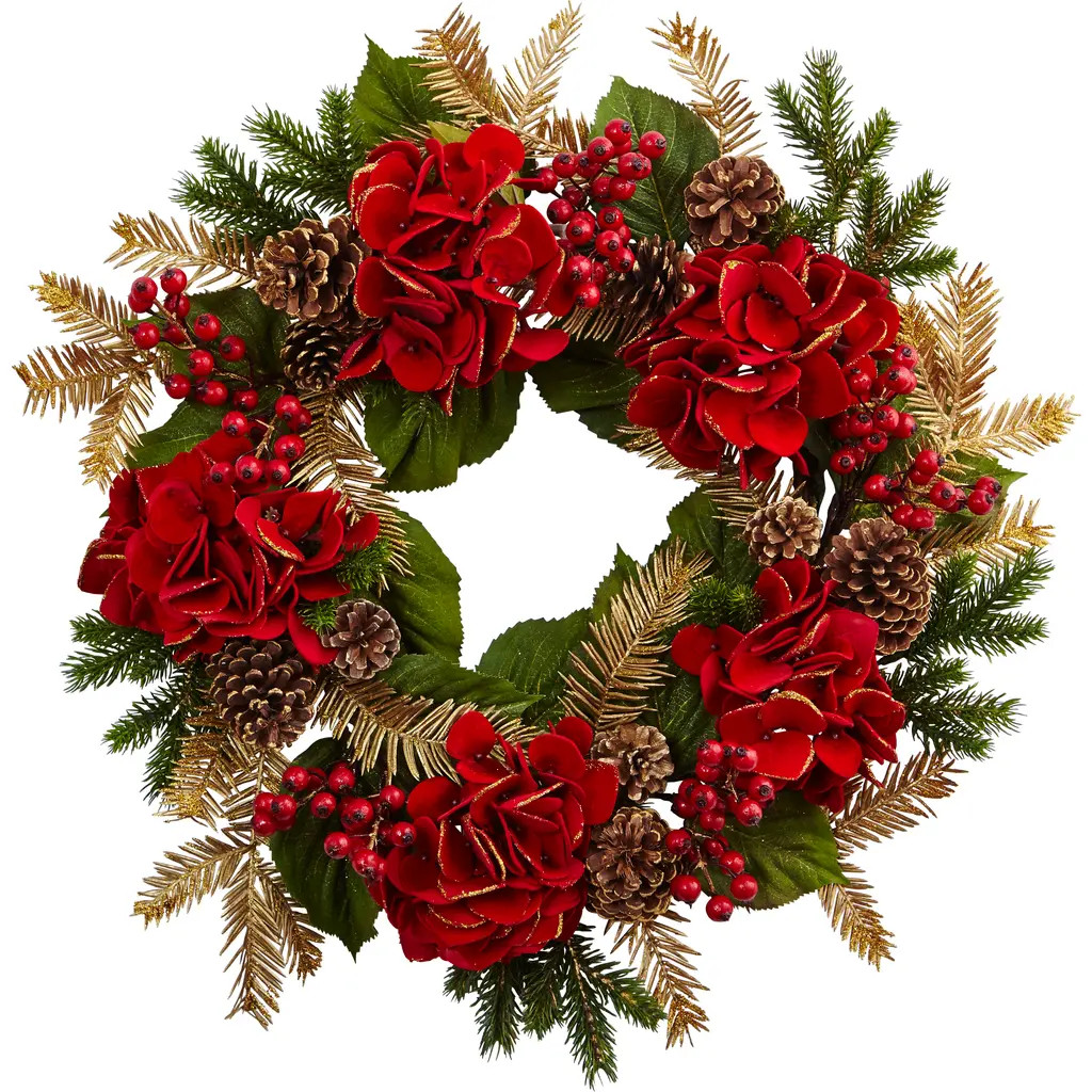 NEARLY NATURAL 24-in Hydrangea Pine Wreath in Red at Nordstrom | Nordstrom