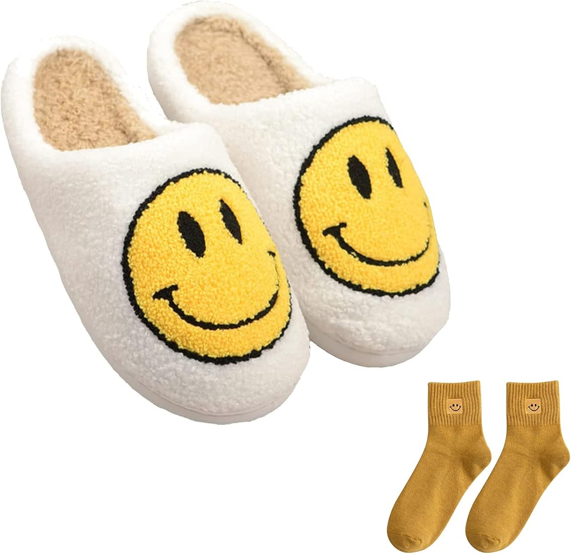 Smiley Face Slippers Retro Cozy Comfy Plush Warm Slip-on Slippers Winter Soft Fuzzy Indoor House Sho | Amazon (US)