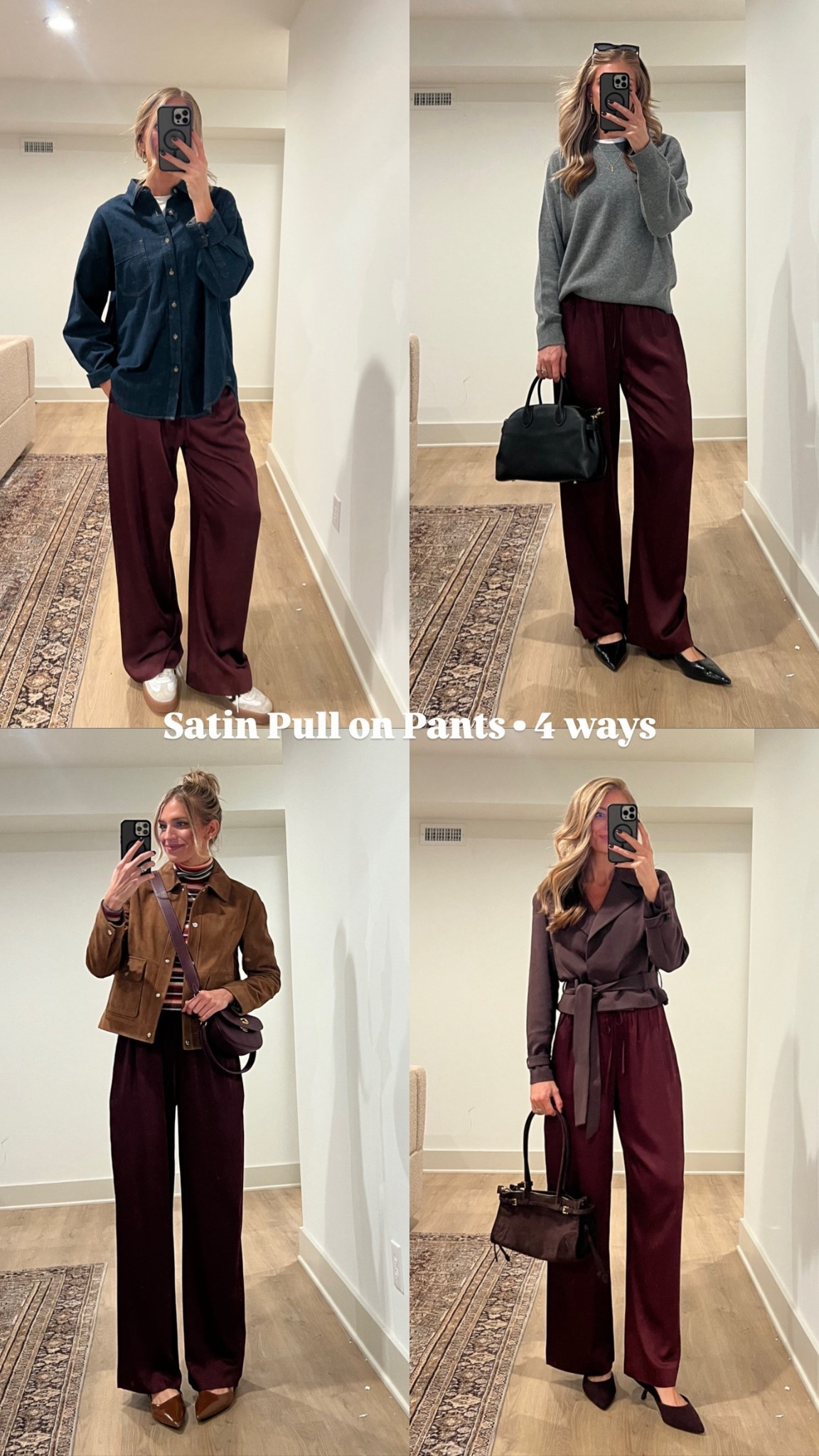 Satin pull on pants 4 ways. 
The pair I’m wearing is currently sold out (hoping they restock if you are seeing this in the future) BUT I found a handful of pants that are similar and some come in tall + petite sizes!!! 

The pair I’m wearing comes in longs and wearing medium long for bump. 

Crewneck Sweater: size medium
Turtleneck: small
Jacket: medium/6
Tailored brown jacket: size 6/medium
Denim button up: runs oversized but still wearing medium for length and I prefer an oversized fit



Satin pants, aritzia, ways to wear, holiday outfit,  holiday party outfit, tall girl friendly, long inseam, bump friendly, Abercrombie, tall sizes. 

#LTKTall #LTKHoliday #LTKStyleTip