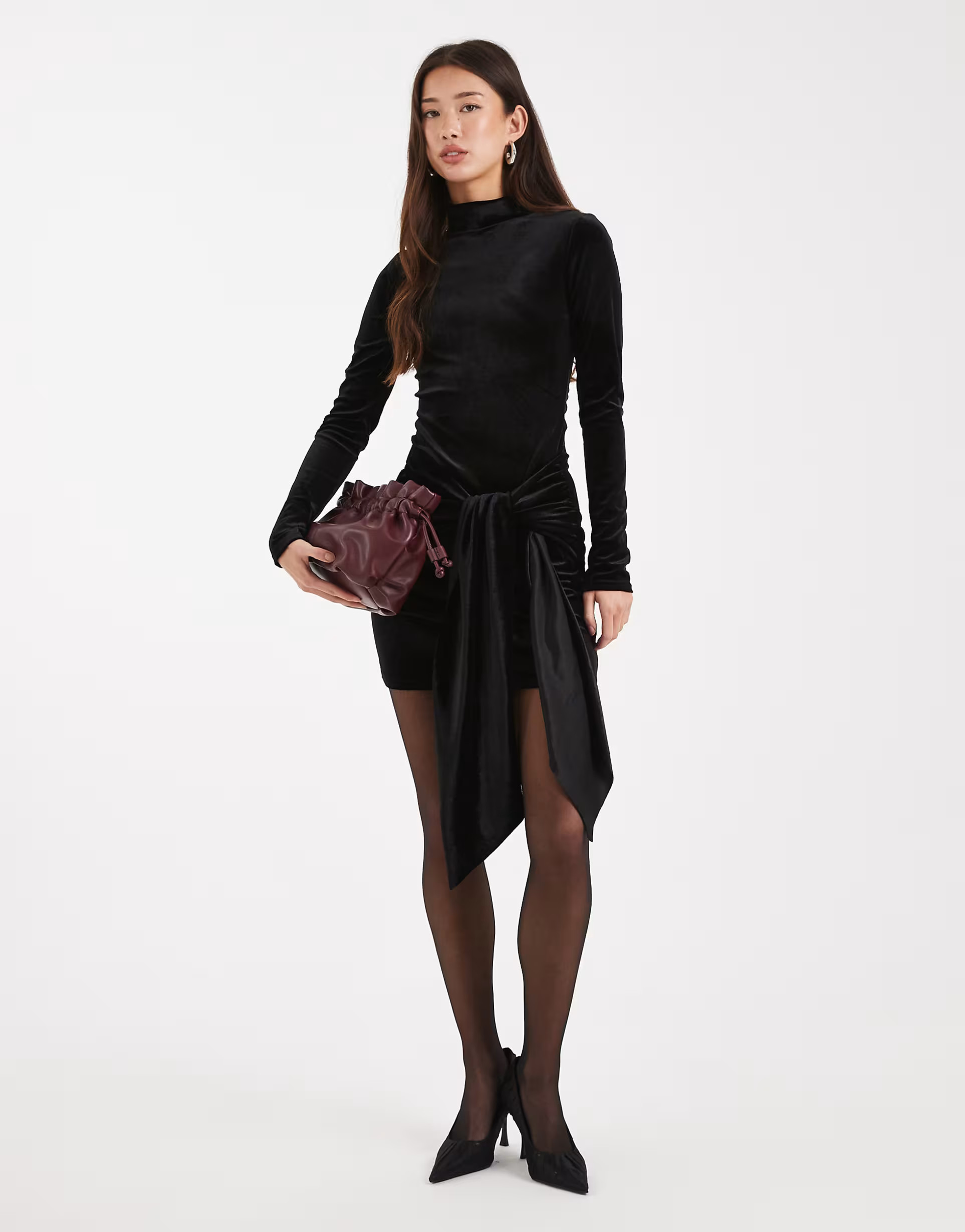 Miss Selfridge velvet high neck tie waist mini dress | ASOS (Global)