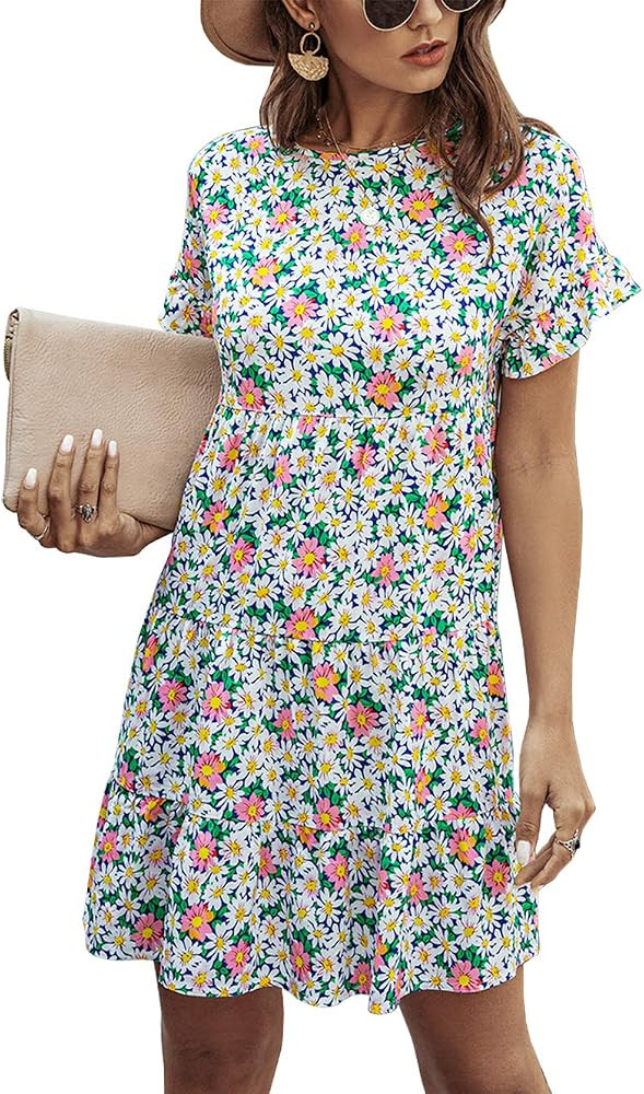 KIRUNDO Summer Women’s Ruffle Mini Dress Short Sleeves Leopard Floral Round Neck Loose Pleated Dress | Amazon (US)