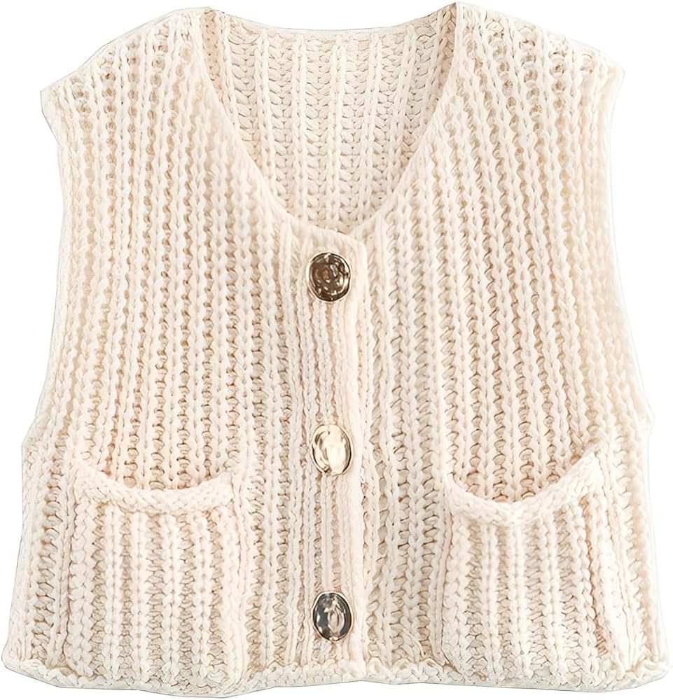 Womens Crochet Chunky Knit Top Sleeveless Button Down Crop Tops Trendy Cardigan Sweater Vest for ... | Amazon (US)