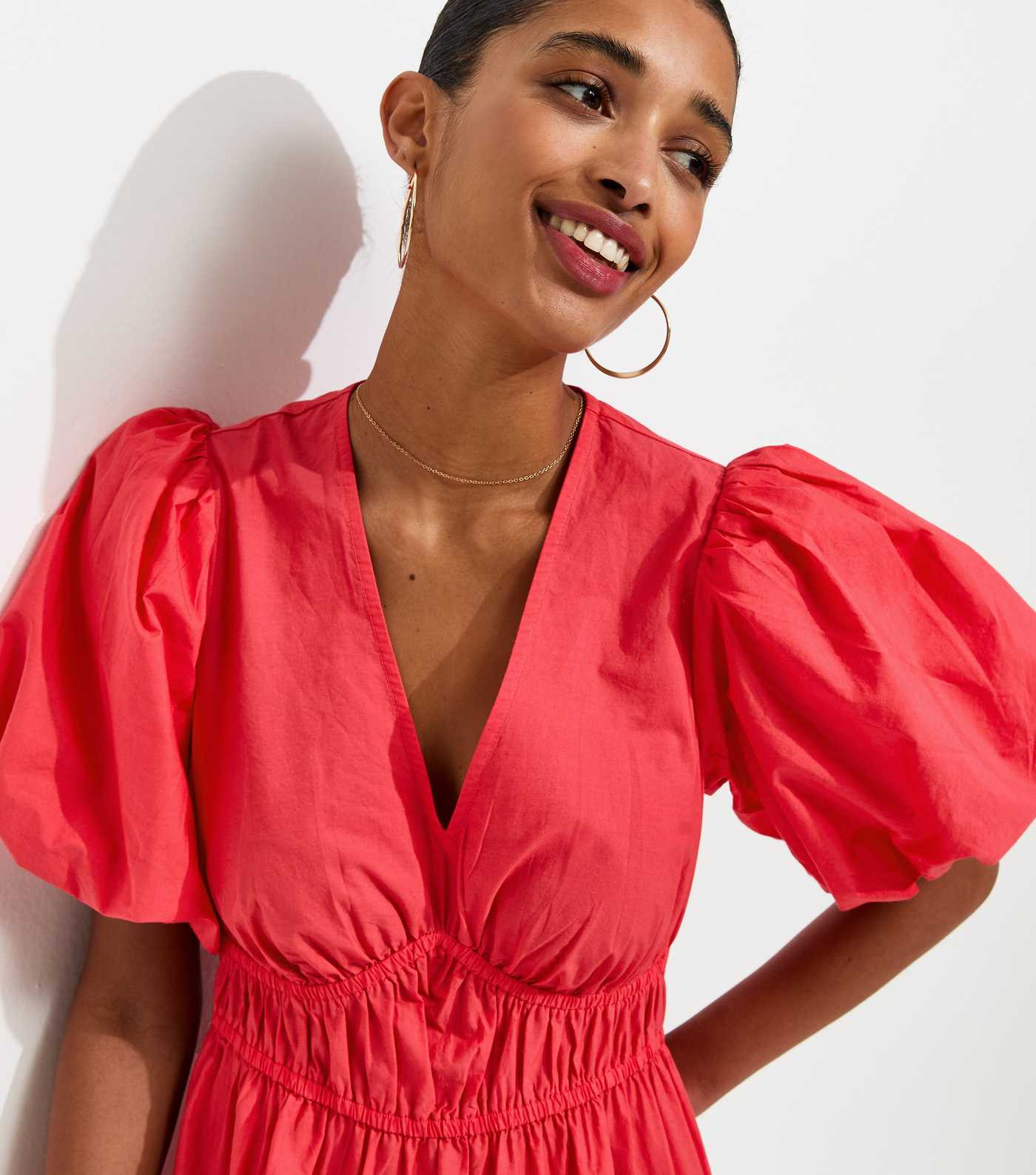Dark Coral Cotton Puff Sleeve Midi Dress | New Look | New Look (UK)