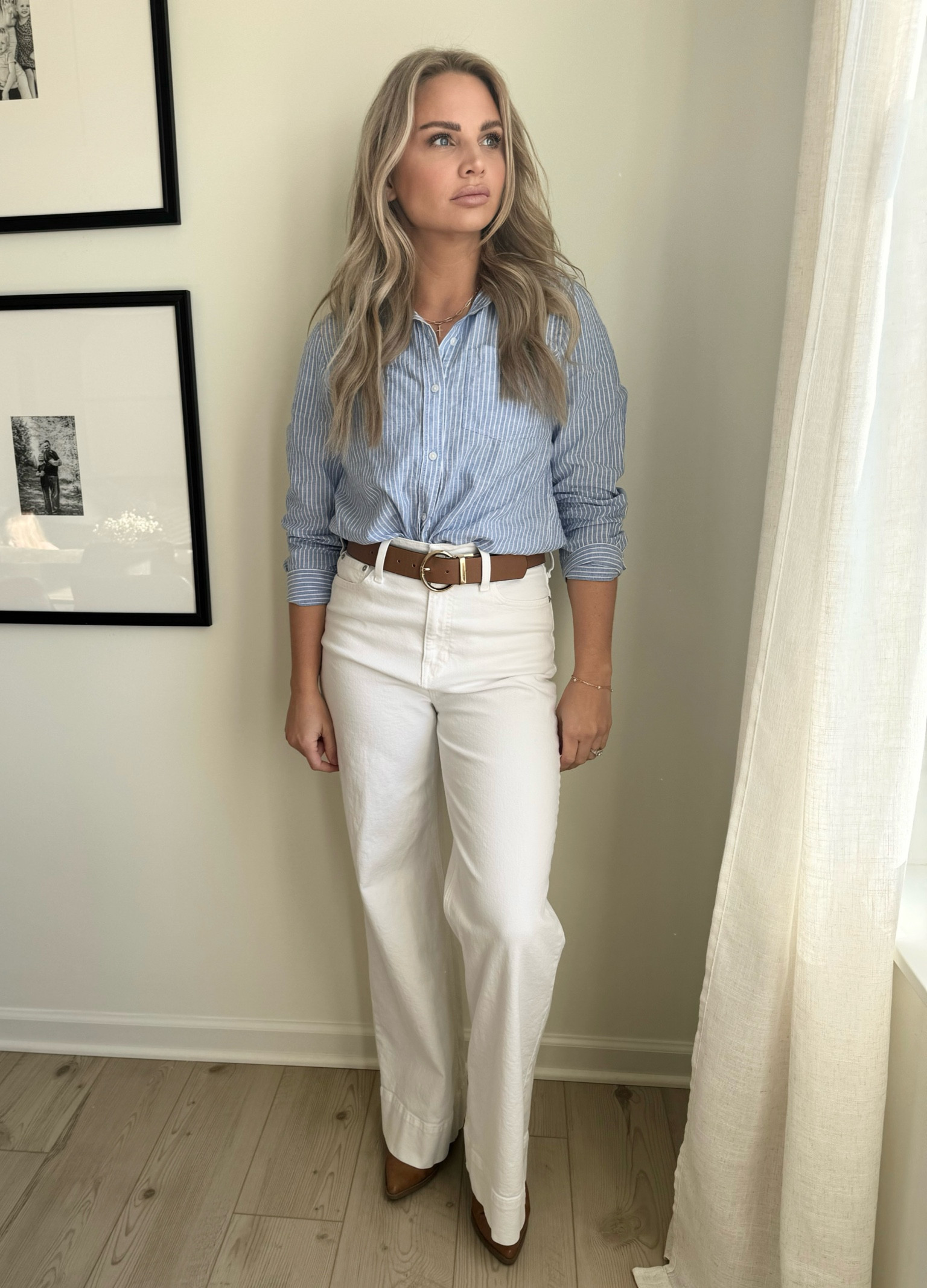 Work outfit, realtor, button up, jeans, professional, j crew, H& M, Target, work casual, white jeans, bell bottoms, flare, belt, necklace, boots. 

#LTKworkwear #LTKstyletip #LTKxTarget