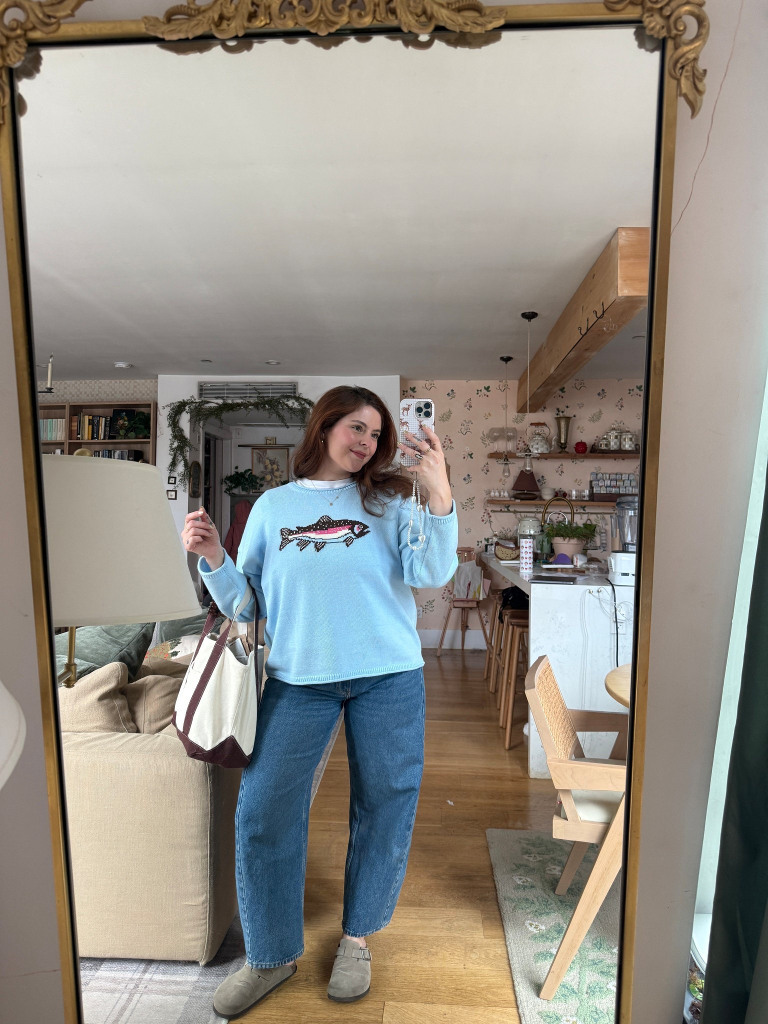 Abercrombie mid rise barrel jeans
Target fish sweater
Birkenstock clogs 

#LTKSpringSale #LTKgrwm #LTKMidsize