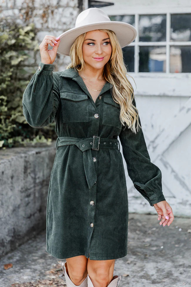 No Expectations Olive Corded Long Sleeve Belted Mini Dress | Pink Lily