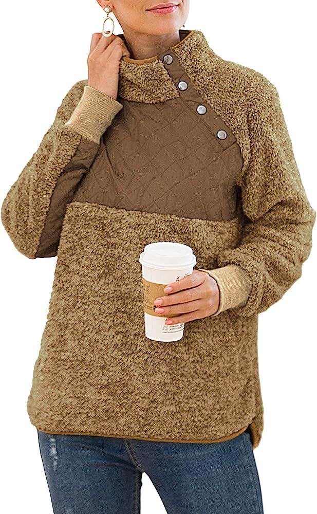 VIISHOW Women's Long Sleeves Quilt Coat Turtleneck Oblique Button Neck Sherpa Fleece Pullover Sweats | Amazon (US)