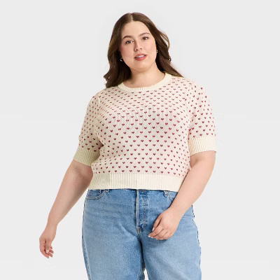 Women's Elbow Sleeve Valentine's Day Hearts Crewneck Pullover Sweater - Universal Thread™ Cream 1X | Target