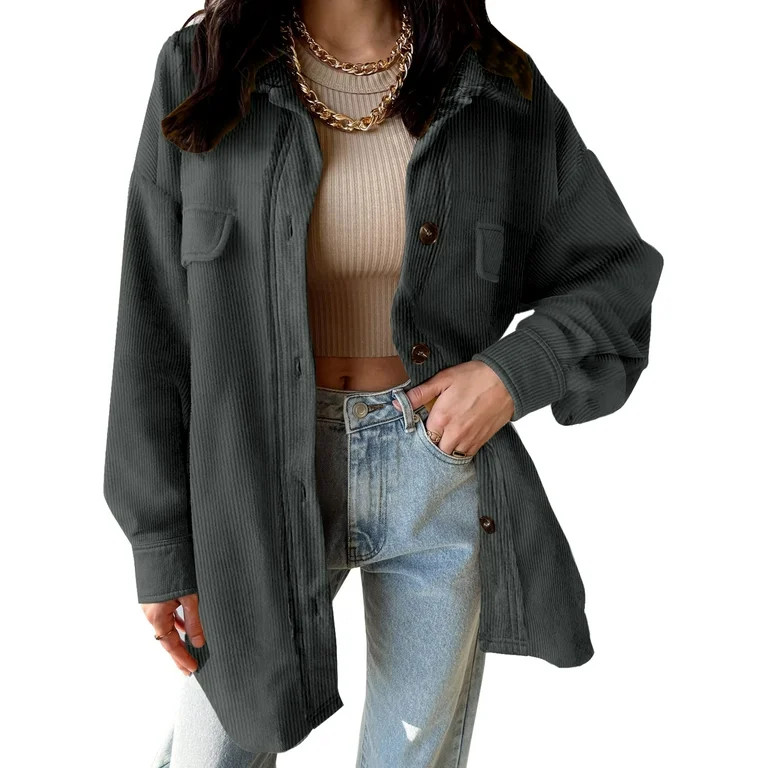 Vafful Womens Corduroy Shacket Blouses Oversize Boyfriend Button Down Shirts Pocket Long Sleeves ... | Walmart (US)
