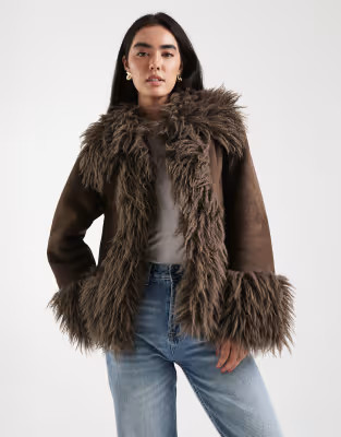 ASOS DESIGN penny lane faux fur trim coat in brown | ASOS (Global)