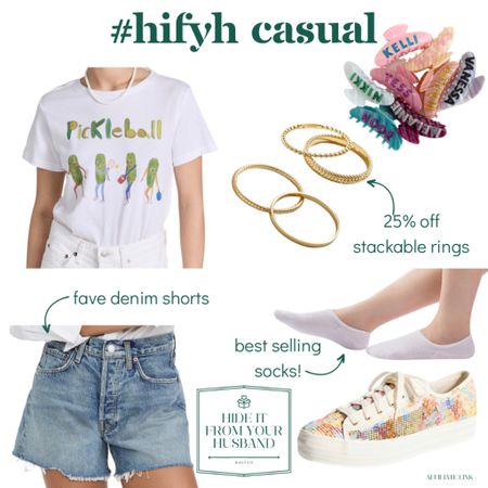 Casual doesn’t have to mean athlesuire! A cute shirt, favorite denim shorts, the best selling ever no show socks, simple stackables, fun hair clips, and a pair of meds make a fun casual outfit 

#LTKunder50 #LTKstyletip #LTKFind