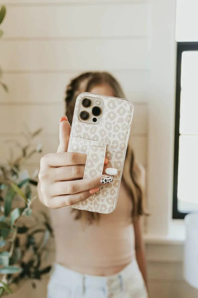 Blushing Leopard - Best Leather iPhone and Samsung Case with Card Holder, Finger Loop, Kickstande... | Etsy (US)