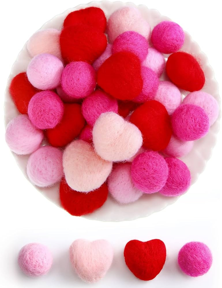 Macarrie 40 Pieces Valentines Felt Balls for Crafts Heart Shape Pom Poms Handmade 4 Colors Wool H... | Amazon (US)