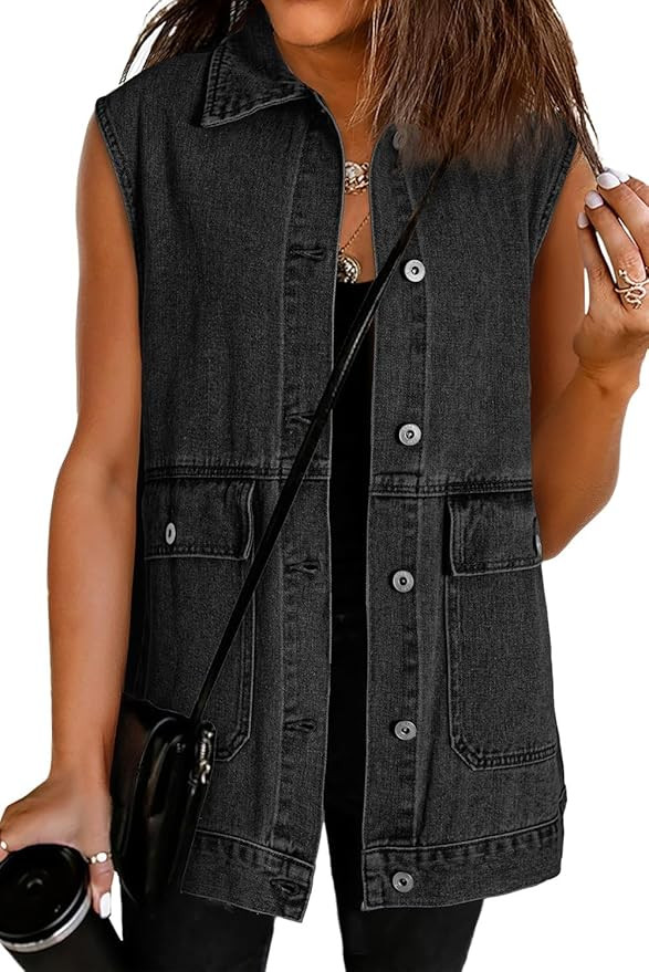 Dokotoo Womens Fashion 2025 Casual Denim Vest Oversized Mid Long Jean Vest Sleeveless Jean Jacket... | Amazon (US)