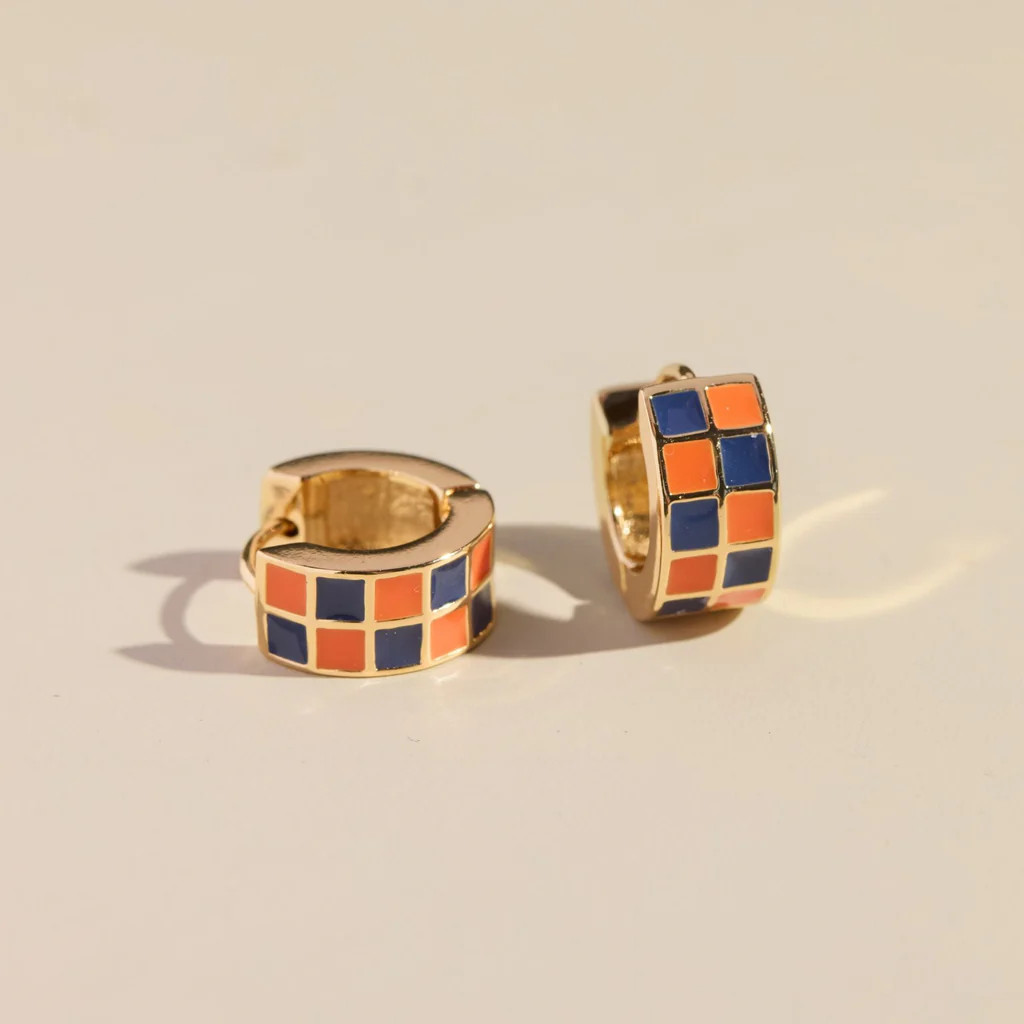 Blue & Orange Checkered Enamel Huggies | Nickel and Suede