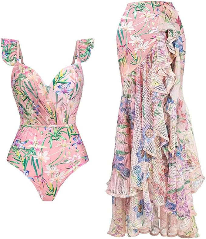 IDOPIP Women's One Piece Swimsuit with Beach Cover up Wrap Skirt Sarong Retro Floral Print Bikini... | Amazon (US)