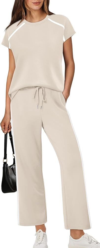 XIEERDUO 2 Piece Sets for Women Crew Neck Travel Airport Outfits Summer Fashion Clothing Cap Slee... | Amazon (US)