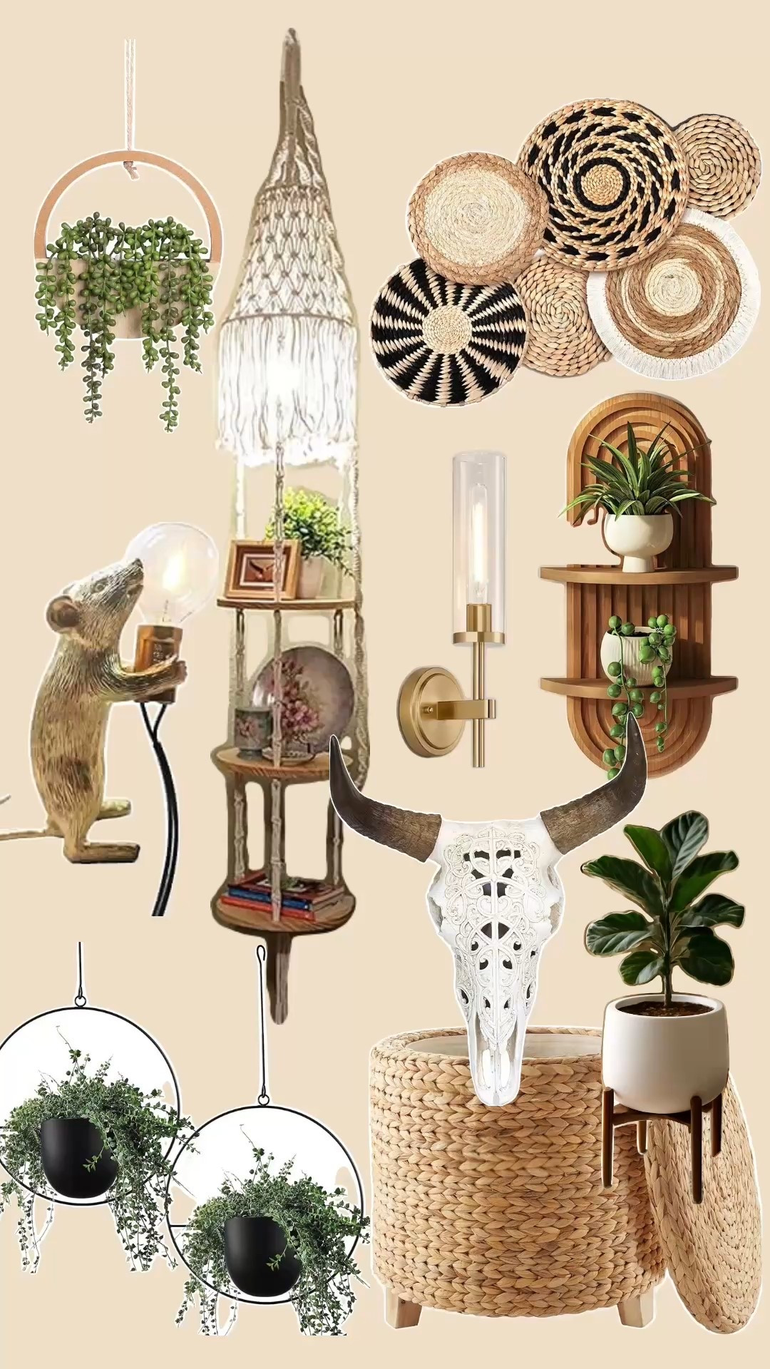 Woven baskets, macrame shelves, rattan ottomans, brass sconces, bull skull wall art, and plant decor for a cozy boho home. Perfect for neutral, organic modern, and earthy interiors. Save for inspo + shop the look!

#LTKHome
