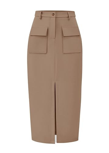 KIRUNDO Midi Skirts for Women Spring Summer High Waisted Cargo Trendy Pencil Slit Dressy Casual Business Work Long Skirt(Light Khaki, X-Large) | Amazon (US)