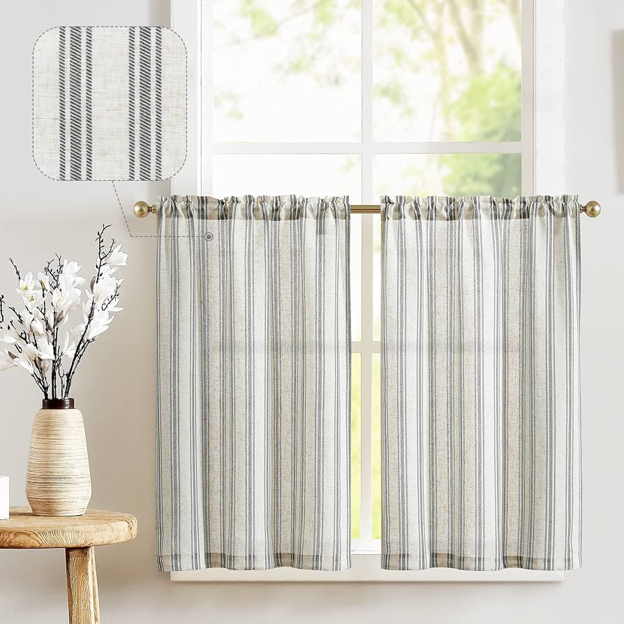JINCHAN Kitchen Curtains Linen Tier Striped Cafe Curtains 24 Inch Stripe Small Window Curtain Bal... | Amazon (CA)