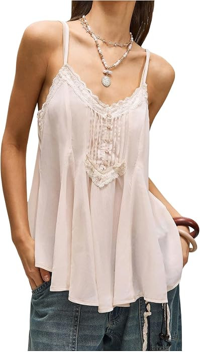 RoseSeek Women's Elegant Lace Flowy Camisole Tops V Neck Spaghetti Strap Backless Summer Going Ou... | Amazon (US)