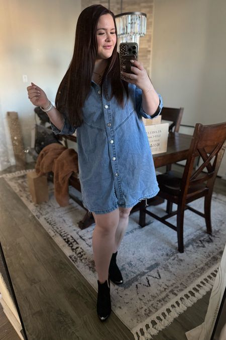Oversized Jean dress and booties for a night out to dinner 

Amazon fashion, simple style, curvy

#LTKmidsize #LTKshoecrush #LTKstyletip