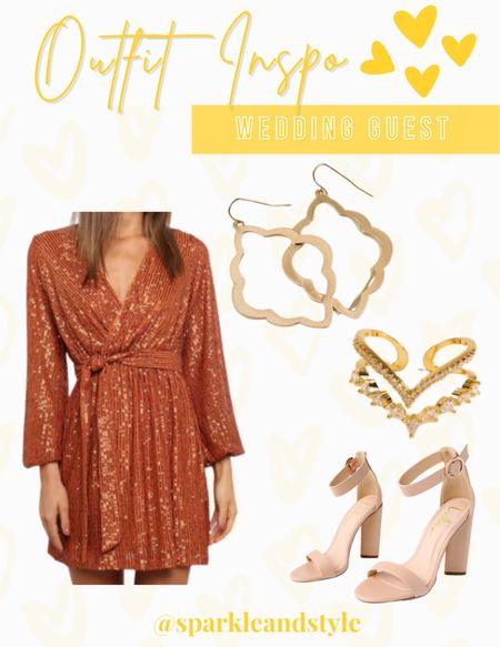 Outfit Inspo: Fall Looks 

This rust sequin dress is the perfect Fall wedding guest or special occasion dress! I styled it with these adorable gold quatrefoil earrings,gold stacked rings, and nude heels! 

#LTKSale #LTKstyletip #LTKsalealert