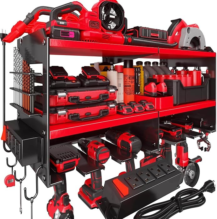 Power Tool Organizer Wall Mount with 4-Outlet Power Strip, Heavy Duty Metal Storage Rack for Gara... | Amazon (US)