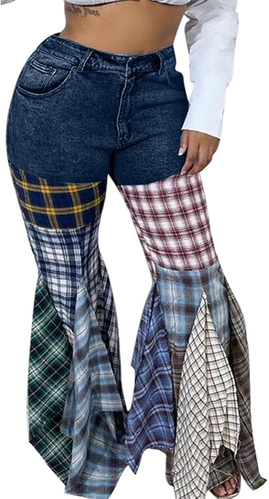 ThusFar Women High Waist Patchwork Flare Jeans Plaid Bell Bottom Ruffle Hem Denim Long Pants Trou... | Amazon (US)