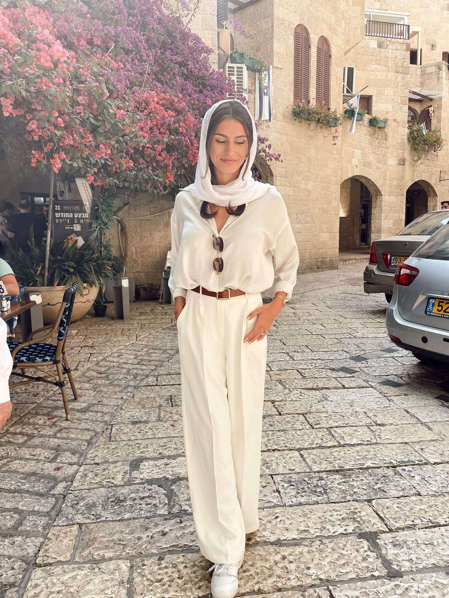 Travel fit💕 Women’s white satin button up, brown leather belt with gold hardware, beige wide leg work pant, new balance 550s (comfiest travel shoes ever) 

#LTKworkwear #LTKstyletip #LTKxPrimeDay