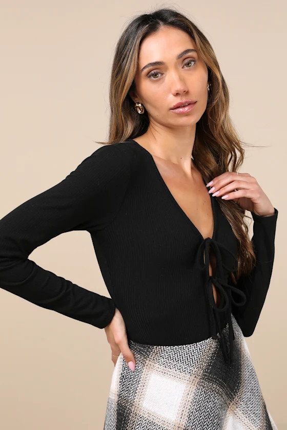 Lovely Ties Black Ribbed Knit Tie-Front Long Sleeve Bodysuit | Lulus