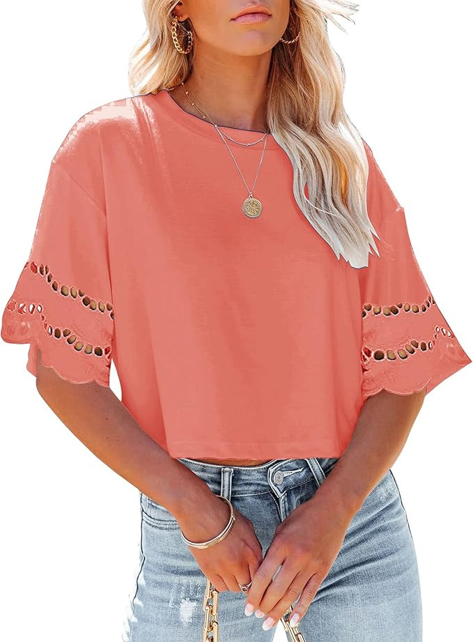 Yuccalley Women's Lace Short Sleeve Crop Tops Summer Casual Round Neck Tees | Amazon (US)