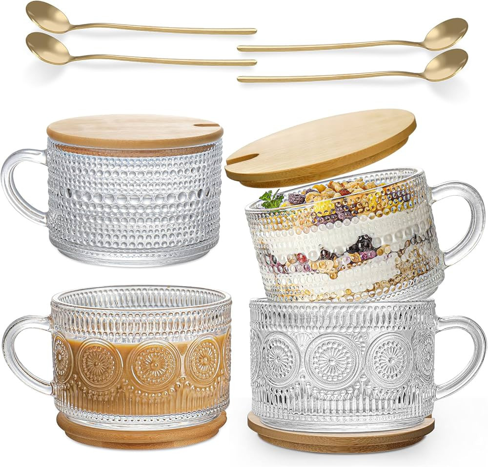 Vintage Coffee Mugs 4pcs,Overnight Oats Containers with Lids and Spoon 14oz-DWTS Glass Cups with ... | Amazon (US)