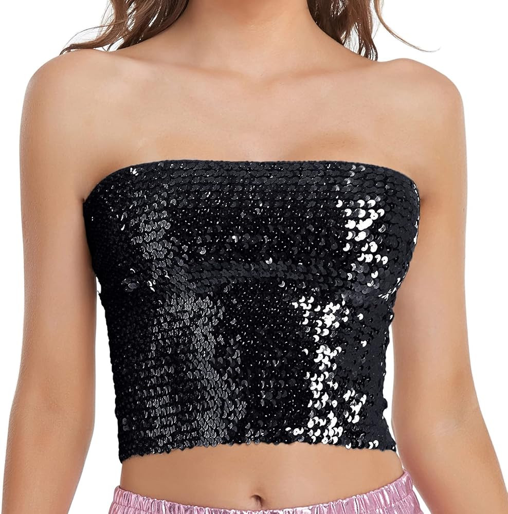 Womens Sparkly Sequin Mermaid Crop Tops, Strapless Metallic Tube Tops for Party Clubwear | Amazon (US)