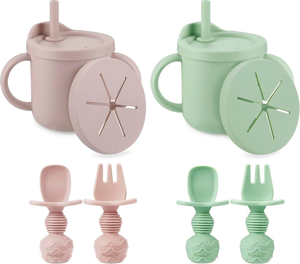 PandaEar 2 Pack Silicone Baby Straw & Snack Cup with 2 Spoons 2 Forks, Dual-Purpose Toddler Train... | Amazon (US)