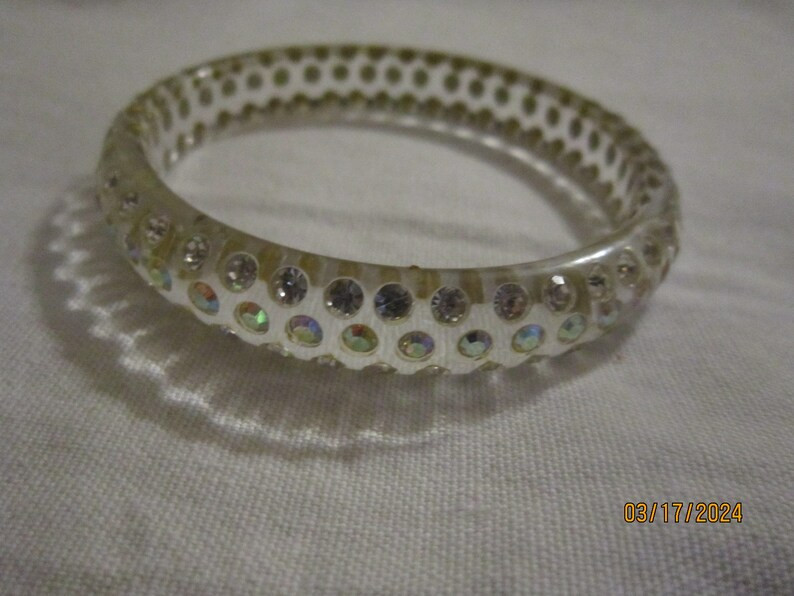 vintage clear lucite and rhinestone bangle AB center stones bangle bracelet | Etsy (US)