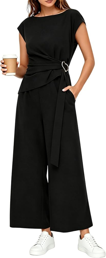 Tanming Womens 2 Piece Sets Summer Lounge Sets Cap Sleeve Buckle Top Wide Leg Pant Airport Vacati... | Amazon (US)