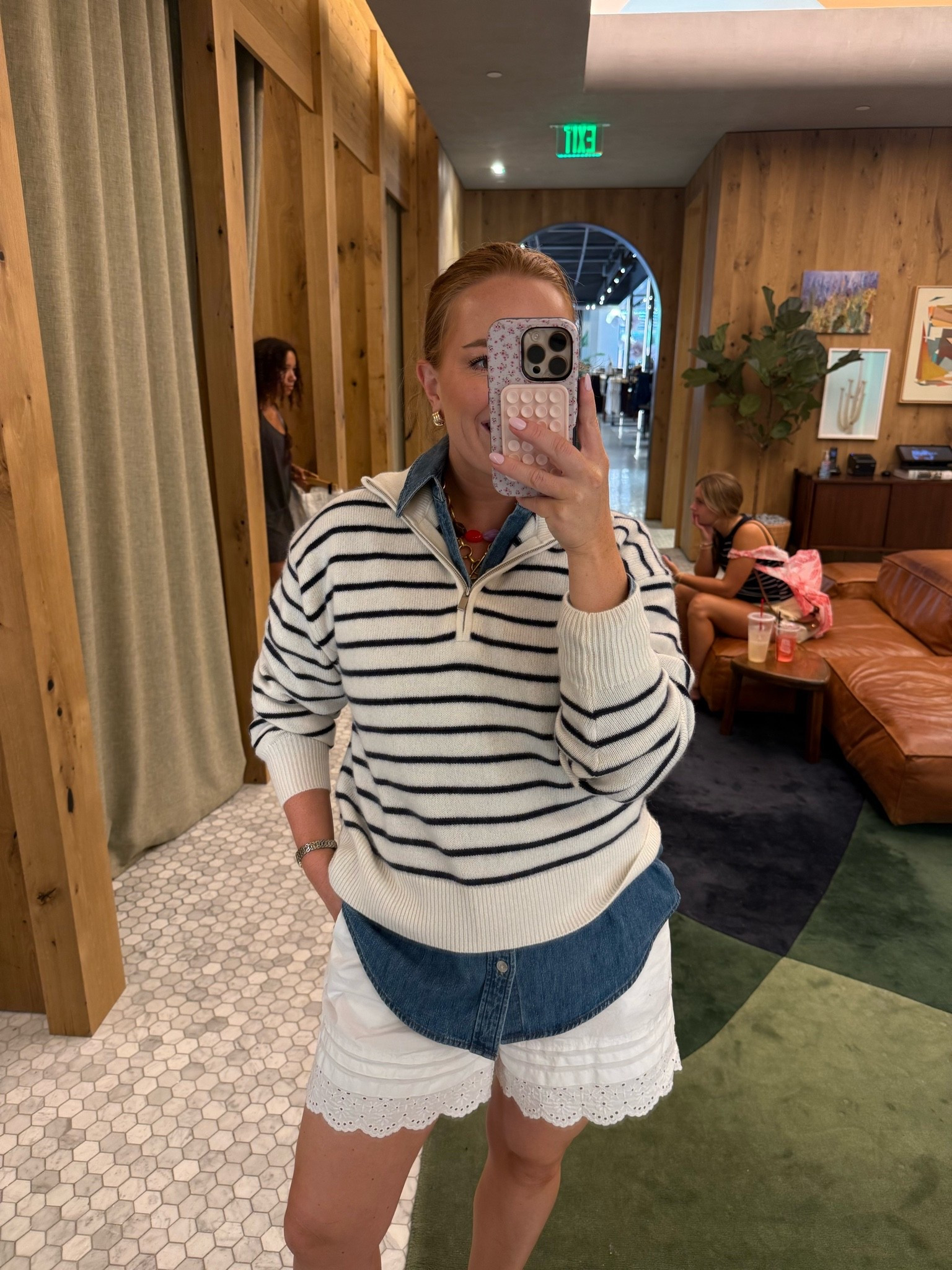 Striped Quarter-Zip - small
Denim button down - XS

The perfect “I’m ready for fall but it’s still 90°” outfit. 🍂☀️ This striped Aritzia quarter-zip gives you that cozy fall layered look without having to commit to pants yet. I layered it over a denim button-down with white eyelet shorts for an easy transitional outfit you can actually wear NOW. Swap the shorts for denim when the weather finally cooperates!

#Aritzia #AritziaStyle #TransitionalStyle #FallOutfitIdeas #MomStyle